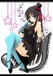  akiyama_mio bare_shoulders black_eyes black_hair don't_say_&quot;lazy&quot; fingerless_gloves gloves hat k-on! long_hair mini_hat mini_top_hat musical_note single_glove solo thighhighs tomosuke top_hat 