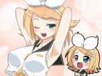  animated animated_gif aqua_eyes armpits blonde_hair blush bouncing_breasts bow breasts chibi hair_ornament hairclip headphones imagining kagamine_rin large_breasts lowres mameshiba naughty_face one_eye_closed ribbon vocaloid 