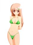  bikini blonde_hair breasts hair_ornament hair_pin hairpin highres large_breasts open_mouth pink_eyes smile swimsuit 