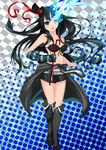  akiyama_mio aqua_eyes bad_id bad_pixiv_id bare_shoulders belt bikini_top black_eyes black_hair black_rock_shooter black_rock_shooter_(character) black_rock_shooter_(character)_(cosplay) blue_eyes blush boots cape cosplay crossover don't_say_&quot;lazy&quot; elbow_gloves fingerless_gloves gloves hat heterochromia highres k-on! long_hair midriff mini_hat mini_top_hat navel open_mouth oukasakura shoes short_shorts shorts solo standing striped top_hat very_long_hair 