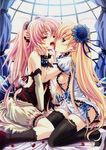  2girls blonde_hair breasts french_kiss frills frilly kiss kneeling lace long_hair miyama-zero multiple_girls pink_hair thighhighs yuri 