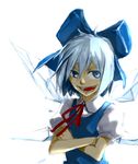 blue_eyes blue_hair bow cirno collared_shirt crossed_arms hair_bow holysnow ice ice_wings open_mouth puffy_short_sleeves puffy_sleeves shirt short_hair short_sleeves smile solo touhou white_background wings 