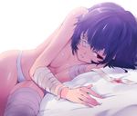  ayanami_rei bandage_over_one_eye bandages bed blood blue_hair breasts cleavage expressionless hands kasai_shin lying medium_breasts neon_genesis_evangelion on_side panties pillow red_eyes short_hair solo topless underwear underwear_only white_panties 