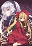  bad_id bad_pixiv_id blonde_hair blue_eyes bonnet dress hairband long_hair lowres mizuse_kiseki multiple_girls purple_eyes rozen_maiden shinku silver_hair suigintou twintails 