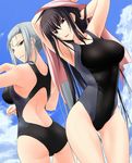  :d ahoge arched_back armpits arms_up ass back back-to-back backless_outfit bangs bare_back black_hair breasts cloud competition_swimsuit day facial_mark forehead_mark from_behind grin hair_between_eyes hand_behind_head head_tilt highres kawagishi_keitarou kawakami_momoyo kuki_ageha large_breasts long_hair looking_at_viewer looking_back maji_de_watashi_ni_koi_shinasai! multiple_girls naughty_face official_art one-piece_swimsuit open_mouth orange_eyes outdoors ponytail red_eyes scar sidelocks silver_hair sky smile standing swimsuit thigh_gap thighs towel very_long_hair 