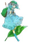  backpack bad_id bad_pixiv_id bag blue_eyes blue_hair boots cattail dress hair_bobbles hair_ornament hat kawashiro_nitori leaf plant rubber_boots short_hair short_twintails solo tarako_supa touhou twintails two_side_up 