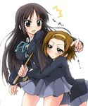  :&lt; akiyama_mio bangs black_eyes black_hair blazer blunt_bangs blush breast_envy breast_poke breasts brown_eyes brown_hair cling drumsticks hairband hazuki_haru hug jacket k-on! long_hair medium_breasts multiple_girls poking school_uniform short_hair skirt surprised tainaka_ritsu tomboy translated 