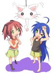  &gt;_&lt; ahoge barefoot blue_hair casual cat closed_eyes green_eyes izumi_konata kobayakawa_yutaka long_hair lucky_star multiple_girls non-web_source nyamou one_eye_closed red_hair short_hair socks 