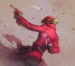  blonde_hair bullet casing_ejection cherry_blossoms fantasy gun handgun hat holster kerokero_saito male_focus mask nambu_type_14 petals pistol pixiv_fantasia pixiv_fantasia_3 shell_casing smoke solo wayder_(pixiv_fantasia) weapon 