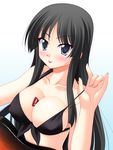  :p akiyama_mio bangs bass_guitar between_breasts bikini black_bikini black_eyes black_hair blunt_bangs blush breasts cleavage front-tie_top hime_cut instrument k-on! large_breasts long_hair narutaki_shin plectrum solo swimsuit tongue tongue_out 