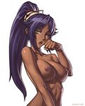  bleach breasts dark_skin ponytail purple_hair shihouin_yoruichi speh wink yawn yellow_eyes 