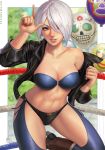  1girl 2019 abs angel_(kof) arm_up artist_name balloon bikini_top black_jacket black_shorts blue_bikini_top blue_eyes blurry blurry_background boots boxing_ring breasts brown_footwear calavera chaps cleavage collarbone cowboy_boots finger_gun fringe_trim groin_tendon hair_over_one_eye highres index_finger_raised jacket knee_boots leather leather_jacket leg_up lips long_sleeves looking_at_viewer luchador_mask makeup mascara medium_breasts micro_shorts navel off_shoulder one_eye_closed open_clothes open_jacket parted_lips sciamano240 short_hair shorts signature silver_hair single_bare_shoulder smile solo standing standing_on_one_leg stomach strapless strapless_bikini teeth the_king_of_fighters undressing unzipped zipper 