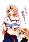  abs blush breasts green_eyes groin hazuki_kasane highres horn hoshiguma_yuugi large_breasts midriff mizuhashi_parsee multiple_girls muscle navel off_shoulder orange_hair pointy_ears red_eyes sleeveless touhou translated 