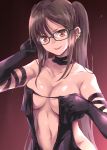  1girl alternate_hairstyle armpit_crease bangs bare_shoulders black-framed_eyewear black_choker black_dress black_gloves breasts breasts_apart brown_eyes brown_hair choker collarbone commentary_request consort_yu_(fate) dress ear_piercing earrings eyebrows_visible_through_hair fate/grand_order fate_(series) glasses gloves gradient gradient_background hand_up head_tilt jewelry large_breasts long_hair looking_at_viewer marugoshi_(54burger) navel parted_lips piercing revealing_clothes sidelocks smile solo stomach twintails upper_body upper_teeth v-shaped_eyebrows 