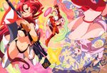  3girls absurdres anti-materiel_rifle bandeau black_eyes bodysuit boots breasts cape cleavage curly_hair darry_adai dress flower galaxy gun heart highres kojima_hirokazu large_breasts long_hair megami midriff multicolored_hair multiple_girls nia_teppelin no_panties official_art panties pink_hair ponytail red_hair rifle sniper_rifle space_yoko star star_print strapless tengen_toppa_gurren_lagann tengen_toppa_gurren_lagann:_lagann-hen thigh_boots thighhighs thong tubetop underwear upside-down very_long_hair weapon yellow_eyes yoko_littner 