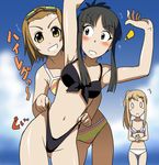  adjusting_another's_clothes adjusting_clothes adjusting_swimsuit akiyama_mio arms_up bikini black_bikini black_eyes black_hair blush brown_eyes brown_hair day front-tie_top goggles grin highleg highleg_bikini highleg_swimsuit highres k-on! kakkii kotobuki_tsumugi long_hair multiple_girls short_hair smile striped striped_bikini surprised surprised_arms swimsuit tainaka_ritsu tomboy translated 