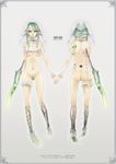  android ass bad_id bad_pixiv_id barcode black_sclera breasts character_sheet crystal cyberpunk gigandal_federation green_eyes green_hair high_heels highres long_hair medium_breasts multiple_views navel nude pixiv_fantasia pixiv_fantasia_3 pointy_ears reika_(clovia_studio) shoes turnaround wings 