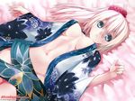  artist_name bed_sheet blue_eyes breasts breasts_apart fingernails floral_print from_above galge.com hair_between_eyes hair_ornament japanese_clothes kimono large_breasts long_hair looking_at_viewer lying murata_taichi navel on_back open_clothes open_kimono parted_lips pink_hair ponytail solo wallpaper watermark web_address 