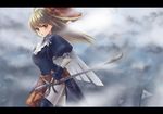  banner blue_eyes brown_hair fog letterboxed long_hair nobu_(nobudokoro) original rapier solo sword weapon wind 