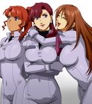  bodysuit breasts brown_hair dark_skin earrings gundam happy hug jewelry junko_jenko kate_bush large_breasts lipstick long_hair mahalia_merril makeup mizuhara_aki multiple_girls red_hair shirt shrike_team(victory_gundam) smile taut_clothes taut_shirt victory_gundam 