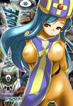  blue_hair bodysuit breasts cameltoe covered_nipples dragon_quest dragon_quest_iii hat large_breasts long_hair mitre nipples orange_bodysuit orimoto_mimana priest_(dq3) red_eyes see-through smile solo tabard 