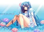  blue_eyes blue_hair flower frills frilly long_hair lotus mercanaries sitting smile thighhighs water 
