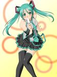  aqua_eyes aqua_hair aqua_nails bare_shoulders black_legwear blush detached_sleeves food fukuoka_katsumi green_eyes green_hair hair_ornament hatsune_miku long_hair miniskirt nail_polish necktie pleated_skirt skirt solo standing thighhighs twintails vocaloid zettai_ryouiki 