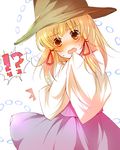  1girl blonde_hair blush hat moriya_suwako nervous sleeves_past_wrists solo surprised touhou wide_sleeves yatomi 