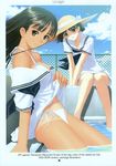  arm_support bikini bikini_under_clothes black_hair blush breasts brown_eyes chain-link_fence cleavage cloud day dress dress_lift fence hat highres legs long_hair long_legs medium_breasts mizushima_asa multiple_girls non-web_source off_shoulder one-piece_tan outdoors pool poolside sailor_dress scan school_uniform serafuku side-tie_bikini sitting sky smile soaking_feet sora_no_iro_mizu_no_iro sorayama_natsume straw_hat swimsuit swimsuit_under_clothes tan tanaka_takayuki tanline twintails water white_bikini white_swimsuit 