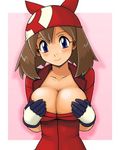  blue_eyes blush brown_hair cleavage covering framed_breasts gloves happy haruka_(pokemon) pokemon smiling tagme tsumitani_daisuke 