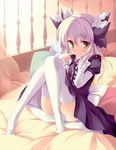  bed blush bow curly_hair frills frilly hair_bow lace purple_hair short_hair sitting thighhighs yellow_eyes 