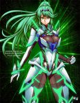  1girl armor bangs breasts cleavage commentary commission covered_navel deviantart_username earrings english_commentary eyebrows_visible_through_hair gloves green_eyes green_hair homuri_(xenoblade_2) jadenkaiba jewelry large_breasts long_hair looking_at_viewer matching_hair/eyes nintendo pixiv_username ponytail sidelocks smile solo standing swept_bangs very_long_hair watermark web_address xenoblade_(series) xenoblade_2 