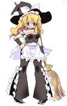  alternate_costume apron bellbottoms blonde_hair breasts broom cleavage cuffs dei_shirou grin hat highres kirisame_marisa medium_breasts sketch smile solo touhou witch_hat yellow_eyes 