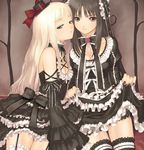  2girls blonde_hair breasts brown_eyes brown_hair cleavage frills frilly green_eyes lace long_hair multiple_girls thighhighs 