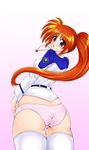  airando ass bangs highres lyrical_nanoha mahou_shoujo_lyrical_nanoha_strikers military military_uniform raising_heart solo takamachi_nanoha thighhighs tsab_air_military_uniform uniform 