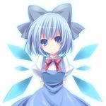  arms_behind_back blue_eyes blue_hair bow bowtie cirno colored_eyelashes dress hair_bow hair_ribbon head_tilt looking_at_viewer moru pinafore_dress puffy_short_sleeves puffy_sleeves ribbon short_hair short_sleeves simple_background smile solo touhou upper_body white_background wings 