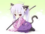  animal_ears bashamichi cat cat_ears japanese_clothes kimono long_hair petenshi_(dr._vermilion) red_eyes silver_hair solo sword tail weapon yagasuri 