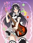  :&lt; akiyama_mio alternate_costume bass_guitar black_hair blue_eyes blush cameltoe enmaided from_below garters hands instrument k-on! kanu_(artist) lingerie long_hair maid panties pantyshot petticoat solo striped striped_panties tenka_taihei thighhighs translated underwear upskirt 