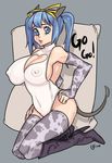  animal_ears blue_eyes blue_hair boots breasts cleavage cow_print large_breasts tail 