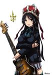  akiyama_mio bad_id bad_pixiv_id bass_guitar black_eyes black_hair breasts covered_nipples crown facepaint instrument k-on! large_breasts long_hair madhatter_hello school_uniform solo striped striped_legwear thighhighs 