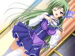  bow bra brown_eyes dress green_hair hair_bow lingerie long_hair open_mouth thighhighs underwear wink winking 