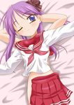  absurdres blue_eyes clothes_in_front highres hiiragi_kagami kikusui_napo long_hair lucky_star nude one_eye_closed purple_hair ryouou_school_uniform school_uniform serafuku solo twintails 