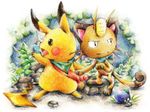 bad_pixiv_id clothed_pokemon faux_traditional_media gen_1_pokemon kazaori meowth no_humans pikachu plant pokemon pokemon_(creature) rock scarf 