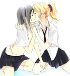  black_hair blonde_hair closed_eyes commentary_request couple hand_on_shoulder hand_on_thigh holding_hands kiss multiple_girls necktie original ponytail school_uniform simple_background sitting skirt sweater_vest yui_7 yuri 