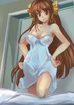  :o bare_shoulders bed bow brown_eyes brown_hair curvy hair_bow hair_ribbon hands_on_hips lace lingerie long_hair original ribbon solo suoni_(deeperocean) underwear wide_hips 