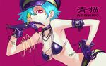  bikini_top blue_hair chain collar copyright_request eyepatch gloves hand_on_hip hat jewelry kerokero_saito necklace red_eyes solo 