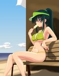  beach bench bikini green_hair mermaid_melody_pichi_pichi_pitch ponytail popsicle swimsuit touin_rina visor 