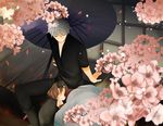  1girl brown_hair cherry_blossoms flower gintama grey_hair jun_can kagura_(gintama) oriental_umbrella sakata_gintoki short_hair sleeping umbrella under_covers 