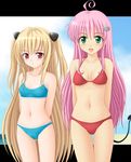  2girls bikini blonde_hair green_eyes konjiki_no_yami lala_satalin_deviluke long_hair multiple_girls navel open_mouth pink_hair red_eyes swimsuit to_love-ru toloveru 