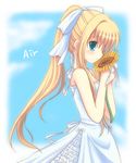  air bad_id bad_pixiv_id blonde_hair blue_eyes cloud copyright_name dress eyebrows_visible_through_hair flower hair_ribbon hoshimame_mana kamio_misuzu long_hair ponytail ribbon sidelocks smile solo sundress sunflower very_long_hair white_dress 